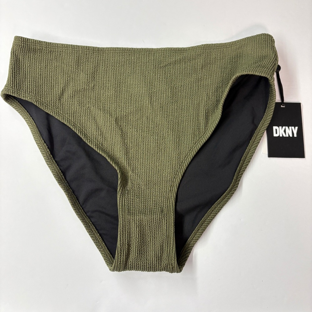 NWT DKNY Women Swim Bottoms L Green High Waisted Smocked Textured Bikini Bottoms